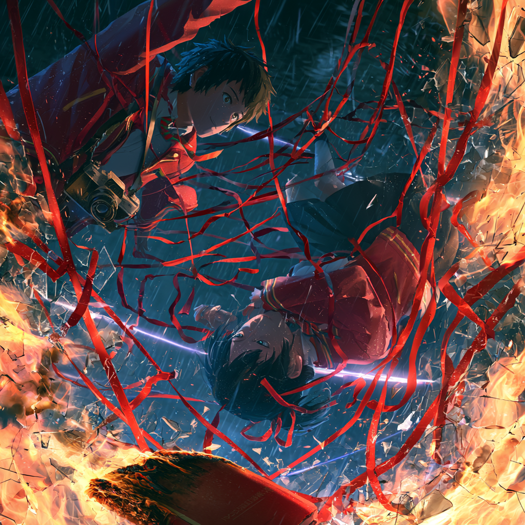 Vertical cinematic anime poster with two characters and red fate ribbons