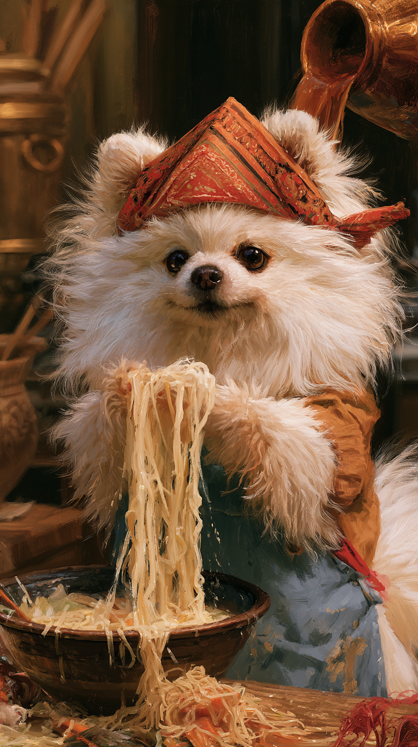 Realistic white Pomeranian draining noodles in a ramen shop