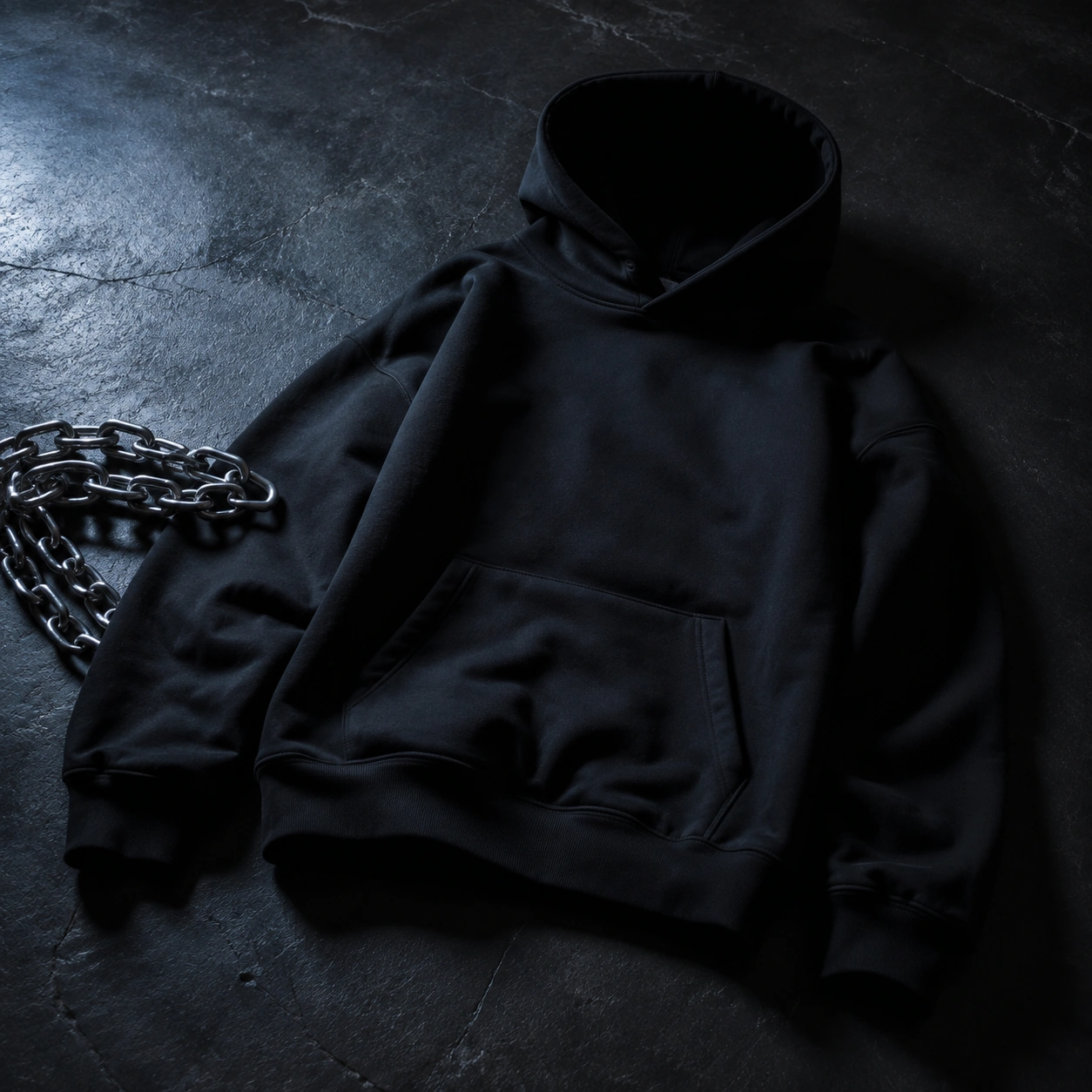 Black oversized hoodie styled on dark concrete with cold blue lighting