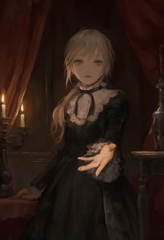 Girl in a black dress reaching through candlelight in a gothic Victorian room